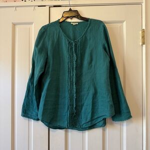 Eileen Fisher Jade Green Distressed Button Front 100% Irish Linen Blouse Size M